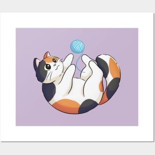 Cute Calico Cat Playing With A Ball Of Yarn Posters and Art